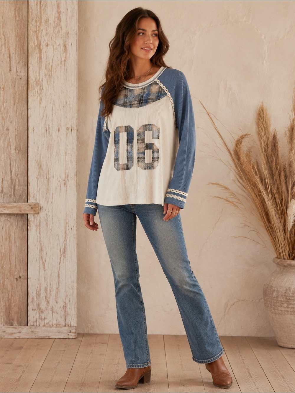 POL Plaid 06 Varsity Thermal Waffle Knit Raglan Top Blue Cream S NWT